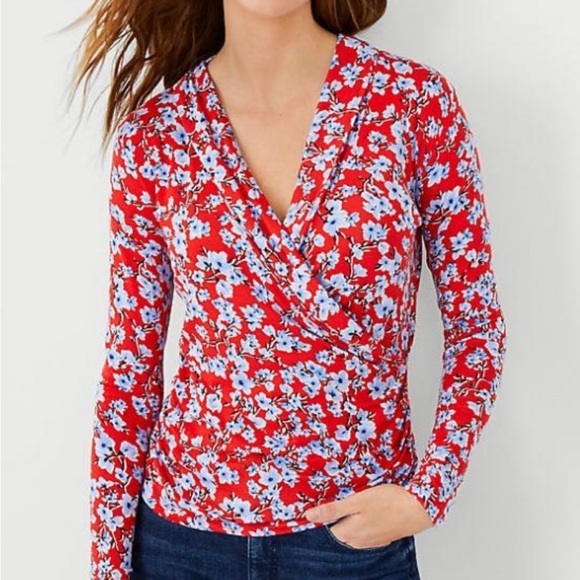 ANN TAYLOR Tops and Blouses Floral Shawl Collar Wrap Top Vermillion Kiss XSP - Picture 6 of 6